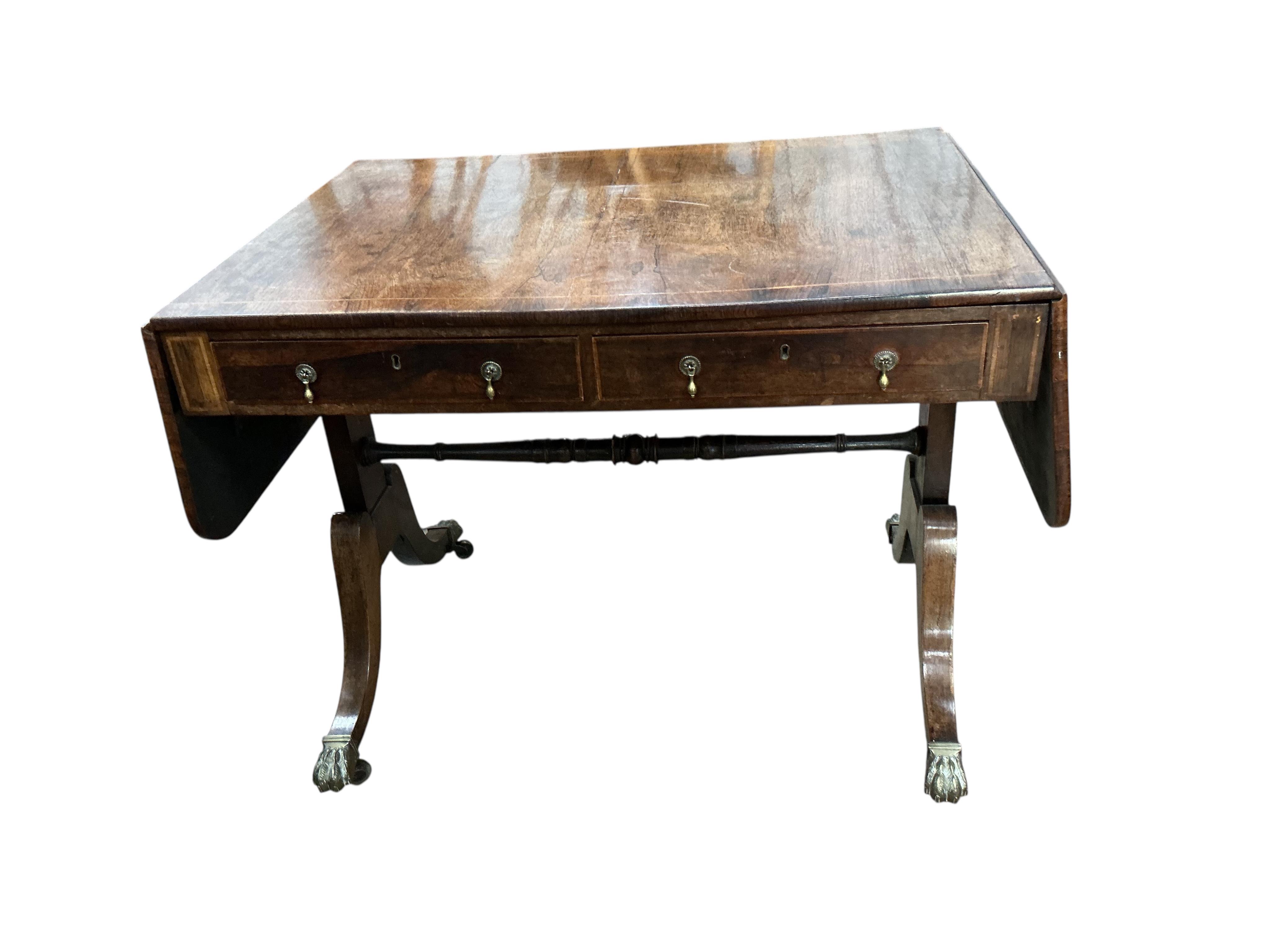 A Regency banded rosewood sofa table, width 92cm, depth 68cm, height 73cm